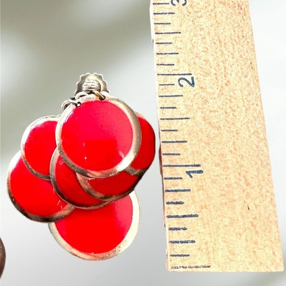 Vintage Red with Gold Tone Clip On Dangle Earrings Layered - Picture 2 of 3